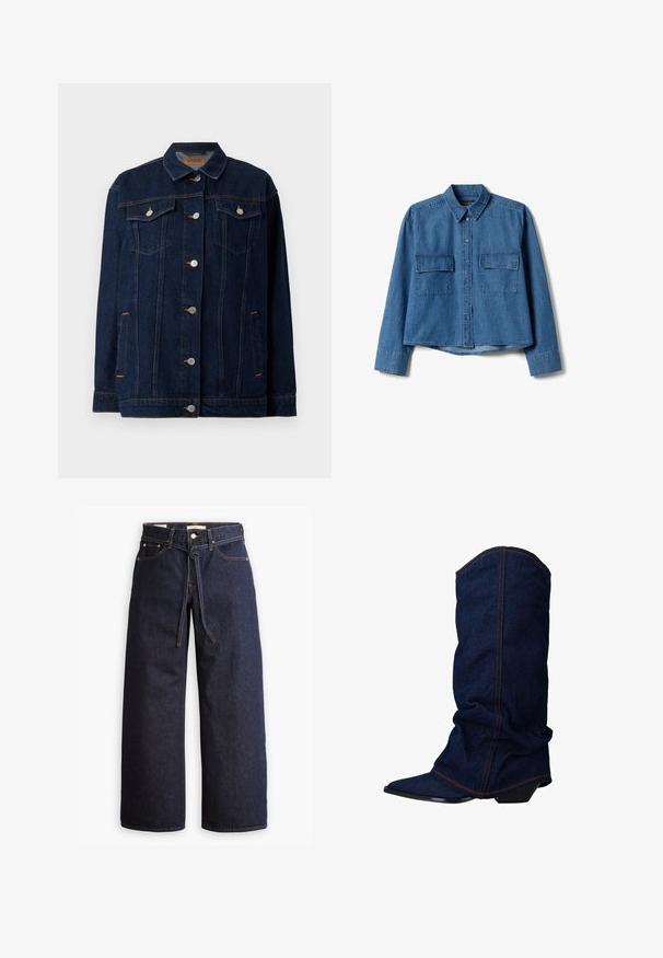 Donkerblauwe denimjas met kraag, voor sluiting met knopen, twee borstzakken, zijzakken en contrasterende stikseldetails.; Blauw denim overhemd met lange mouwen en knopen, voorzien van twee borstzakken met kleppen, een kraag en een licht gebogen zoom.; Wijd pijpjes donkerblauwe denim jeans met een hoge taille, voorzien van een trekkoord, vijf zakken en contrasterende stiksels.; sacha Laarzen - blue