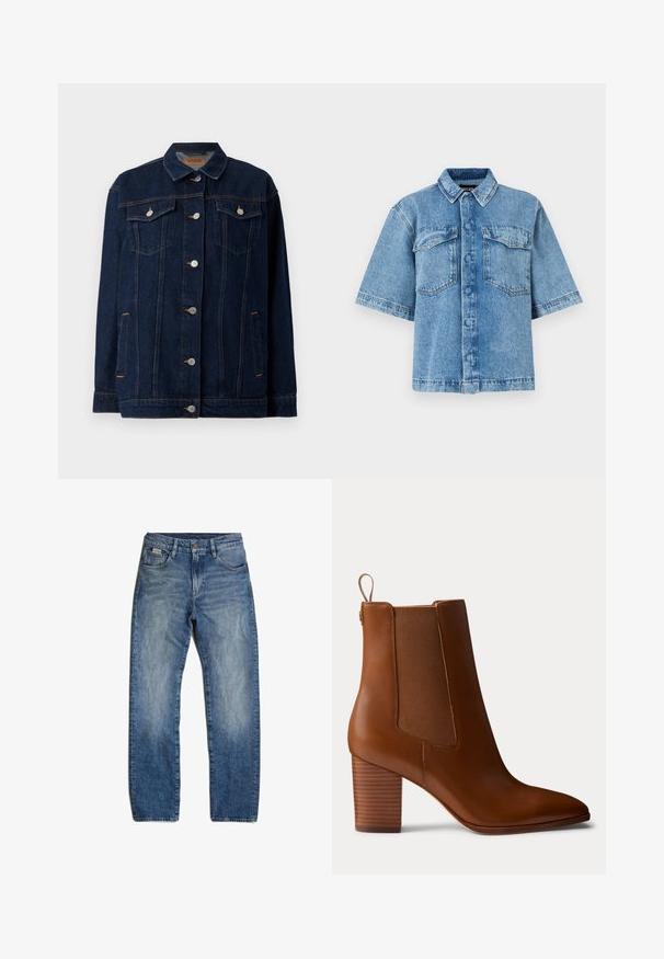 Chaqueta de mezclilla azul oscura con cuello, cierre de botones en la parte delantera, dos bolsillos en el pecho, bolsillos laterales y detalles de costura en contraste.; Camisa de denim de manga corta en azul claro, con cuello extendido, dos bolsillos en el pecho y cierre frontal con botones, de corte relajado y costuras visibles.; Vaqueros de mezclilla azul con corte recto, ligero desgaste y sutiles marcas de uso. Cuenta con cinco bolsillos y cierre de botón.; Botín marrón de cuero con tacón bloque, paneles laterales elásticos y lengüeta de tirador en la parte trasera, mostrado de perfil sobre un fondo liso.