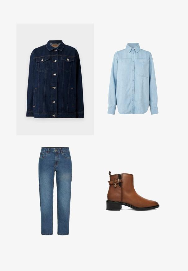 Donkerblauwe denimjas met kraag, voor sluiting met knopen, twee borstzakken, zijzakken en contrasterende stikseldetails.; Lichtblauwe denim overhemd met lange mouwen, knoopsluiting aan de voorkant, puntige kraag, enkele borstzak en subtiele verticale stiklijn details.; Blauwe high-waist straight-leg spijkerbroek met voorste knoop en ritssluiting, twee voorzakken en riemlussen.; Bruine leren enkellaarzen met lage zwarte hak, zijgespsluiting, elastisch paneel en aantreklus op een witte achtergrond.