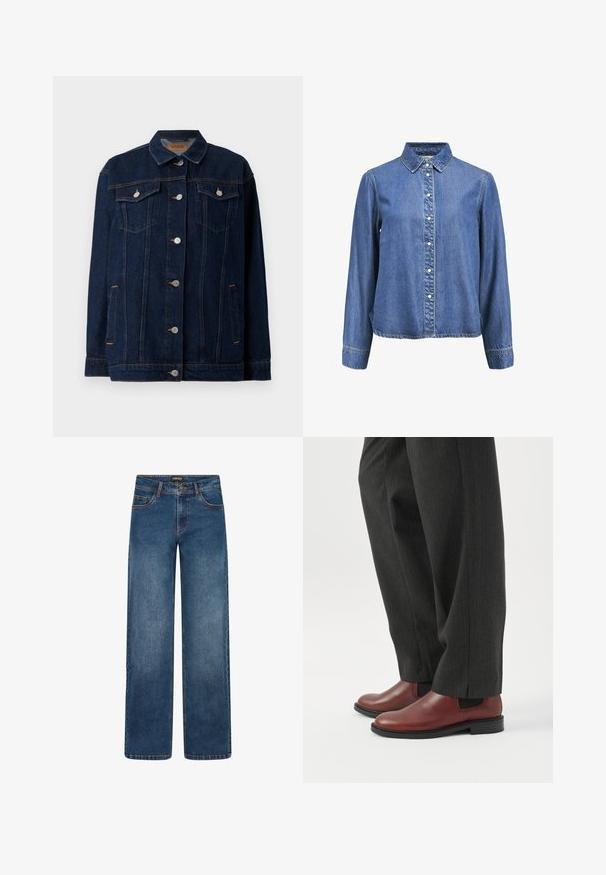 Veste en denim bleu foncé avec col, fermeture à boutons sur le devant, deux poches poitrine, poches latérales et détails de couture contrastants.; Chemise en denim à boutonnage central, dotée d'un col classique, de manches longues et de boutons blancs sur le devant. Tissu bleu doux et texturé.; Jean en denim à jambes larges, de couleur bleu moyen. Comprend cinq poches, fermeture par bouton et fermeture éclair, et coutures doubles. Tissu durable.; Personne portant un pantalon droit gris foncé et des chaussures habillées en cuir marron sans lacets, debout sur un sol blanc.