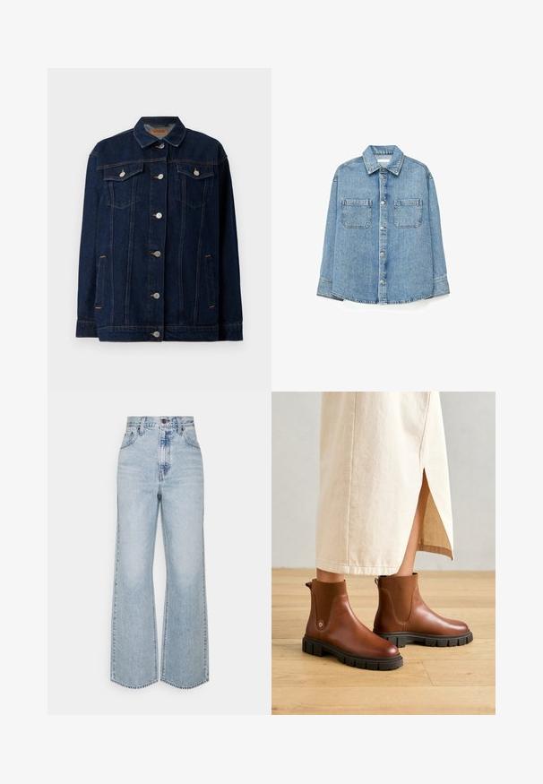 Mørkeblå denimjakke med krave, lynlås foran, to brystlommer, sidelommer og kontraststing.; Lyseblå denim skjorte med knapper, to brystlommer og lange ærmer, vist på en ensfarvet hvid baggrund.; Lysblå denim brede ben jeans med høj talje, klassisk fem-lomme design og kontrasterende syninger. Uslebne kanter i bunden.; Brune læder ankelstøvler med en kraftig sort gummi sål, der har elastiske sidepaneler og en pull-tab bagpå for nem påtagning.
