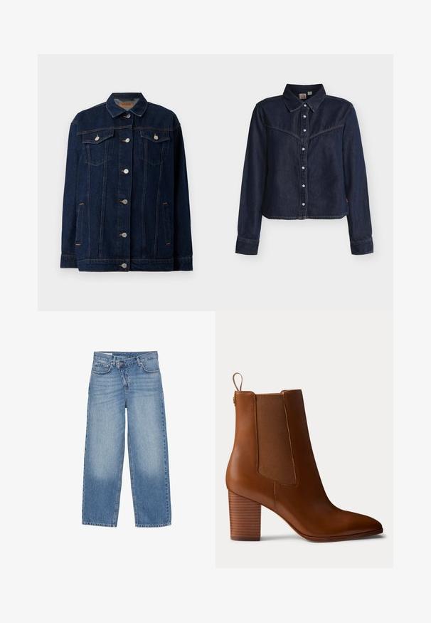 Veste en denim bleu foncé avec col, fermeture à boutons sur le devant, deux poches poitrine, poches latérales et détails de couture contrastants.; Chemise à manches longues en denim bleu foncé avec boutons pression, empiècement style western, col pointu et ourlet droit sur fond blanc.; Jean large jambe bleu clair en denim ; comporte un design classique à cinq poches, une braguette à fermeture éclair et un léger délavage au niveau des genoux.; Bottine en cuir marron avec talon bloc, panneaux latéraux élastiques et languette à l'arrière, vue de profil sur un fond uni.