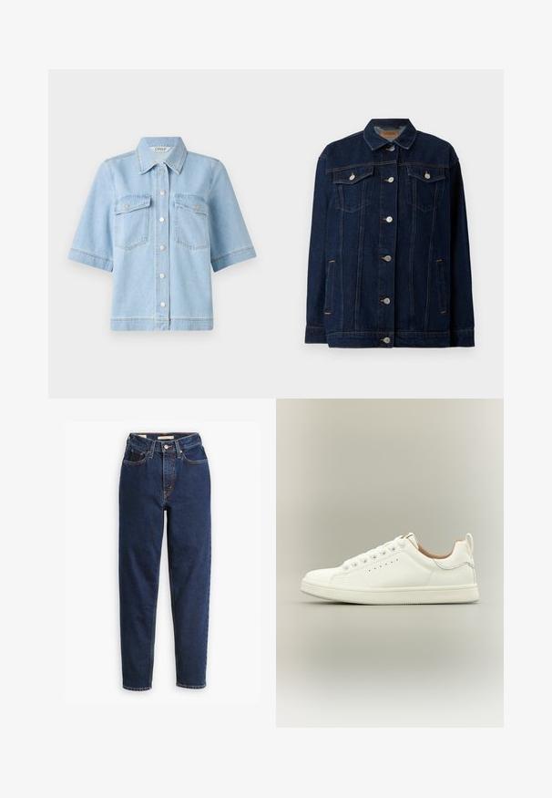 Mørkeblå denimjakke med krave, lynlås foran, to brystlommer, sidelommer og kontraststing.; Lyseblå denim kortærmet skjorte med spidse kraver, to brystlommer og sølvfarvede trykknapper foran. Ren, glat tekstur.; Mørkeblå denimjeans med høj talje, femlommedesign og lige ben. Kontrastsyninger og knaplukning.; Hvid lav sneaker med snørebånd, perforerede sidedetaljer og en trækflap på hælen, sat mod en neutral baggrund.
