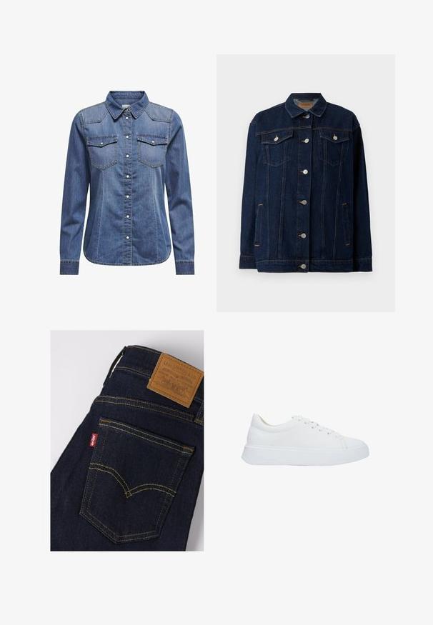 Donkerblauwe denimjas met kraag, voor sluiting met knopen, twee borstzakken, zijzakken en contrasterende stikseldetails.; Donkerblauw denim shirt met een kraag, lange mouwen, dubbele borstzakken en contrasterende stiksels.; Donkerblauwe Levi's jeans met gele stiksels, achterzak toont rood Levi's label en bruin leren merkpatch op de tailleband.; Witte leren sneakers met een ronde neus, platte veters en een dikke rubberen zool. Gladde textuur met minimale stikseldetails.