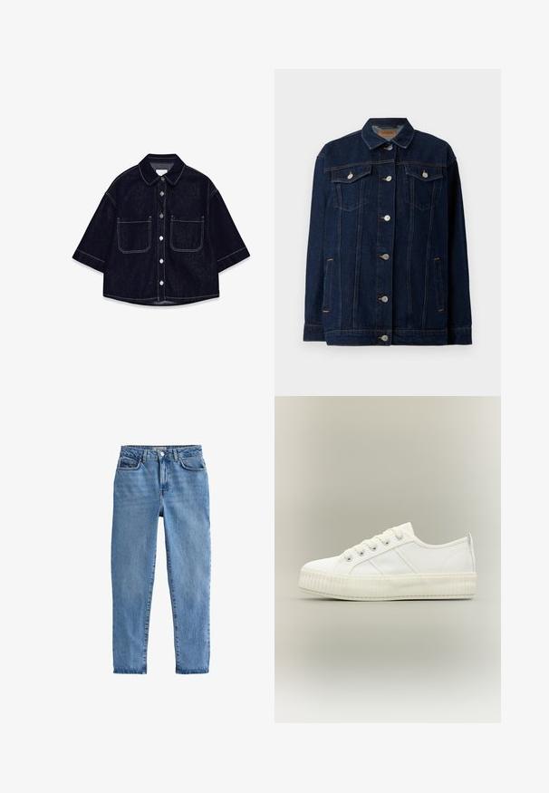 Donkerblauwe denimjas met kraag, voor sluiting met knopen, twee borstzakken, zijzakken en contrasterende stikseldetails.; Donkerdenim overhemd met korte mouwen, twee voorzakken met flappen, witte stiksels en een afgeronde kraag.; Lichtblauwe denim jeans met een hoge taille, recht gesneden pijpen, vijf zakken en een enkele knoopsluiting aan de voorkant.; Witte lage sneaker met dikke geribde zool, veters aan de voorkant en trek-lus aan de hiel tegen een neutrale achtergrond.