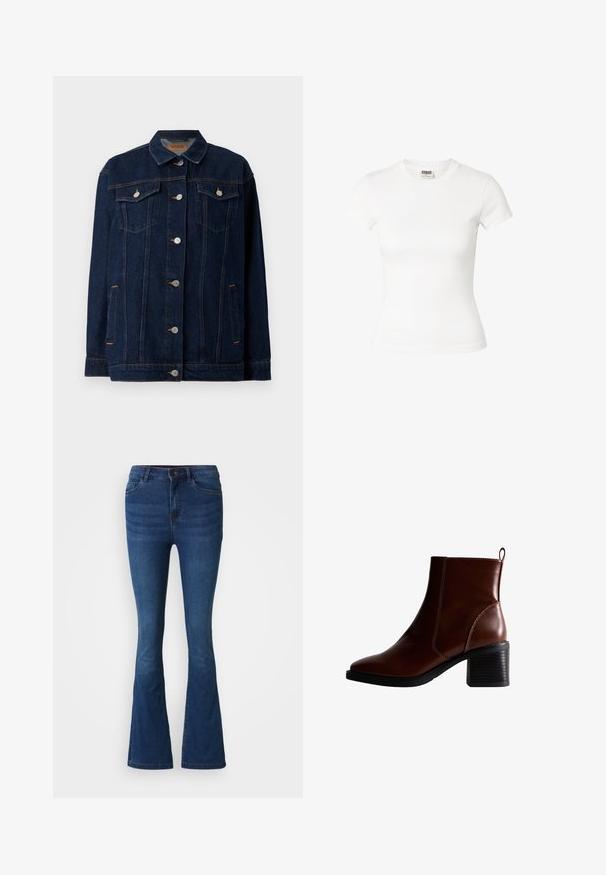 Donkerblauwe denimjas met kraag, voor sluiting met knopen, twee borstzakken, zijzakken en contrasterende stikseldetails.; Getailleerd wit T-shirt met korte mouwen en ronde hals met Urban Classics-label aan de binnenkant van de hals.; Donkerblauwe spijkerbroek met flared pijpen, met voor- en achterzakken, knoop- en ritssluiting, en vervaagde details op de dijen en knieën.; Bruin lederen enkellaars met een vierkante neus en zijnaad, een gestapelde hak van 7,5 cm en een lus aan de achterkant voor gemakkelijk aan- en uittrekken.