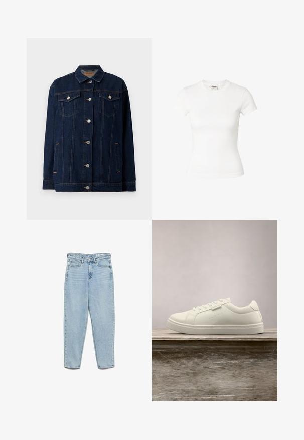 Donkerblauwe denimjas met kraag, voor sluiting met knopen, twee borstzakken, zijzakken en contrasterende stikseldetails.; Getailleerd wit T-shirt met korte mouwen en ronde hals met Urban Classics-label aan de binnenkant van de hals.; Lichtblauwe, hoogwater spijkerbroek met hoge taille, voorzakken, riemlussen, knoopsluiting en taps toelopende pijpen op een witte achtergrond.; Witte leren sneaker met veters die boven een houten bank zweeft, met groen lang gras dat op de achtergrond vervaagd is in de buitenlucht.