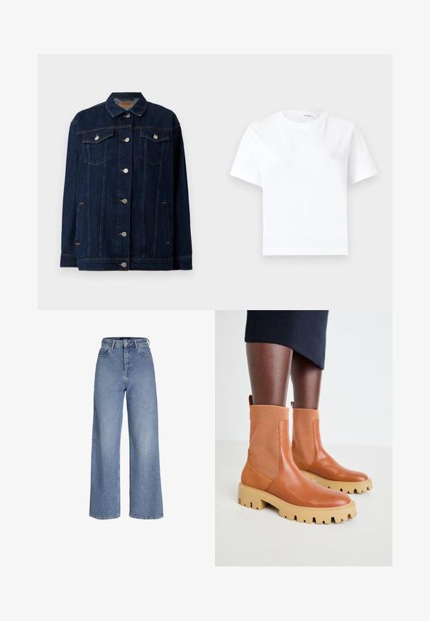 Mørkeblå denimjakke med krave, lynlås foran, to brystlommer, sidelommer og kontraststing.; Hvid kortærmet bomuld t-shirt med rund halsudskæring og lige kant, vist på en hvid baggrund.; Højtaljede lyseblå cowboybukser med vide ben, foran knap- og lynlåslukning samt fem-lomme-design.; Brune læder ankelstøvler med ribbede elastiske paneler, chunky beige sål og trækstrop detalje; moderne design med en tekstureret overflade.