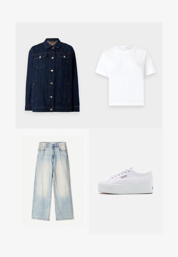 Donkerblauwe denimjas met kraag, voor sluiting met knopen, twee borstzakken, zijzakken en contrasterende stikseldetails.; Effen witte katoenen T-shirt met korte mouwen, ronde hals en rechte zoom, getoond op een witte achtergrond.; Lichtblauwe denim broek met een wijde pijp, featuring vijf zakken, subtiele vervaging en zichtbare stiksels langs de naden.; Witte canvas sneaker met een dikke witte platformzool, ronde neus en metalen oogjes voor veters. Merkl logo aan de zijkant weergegeven.