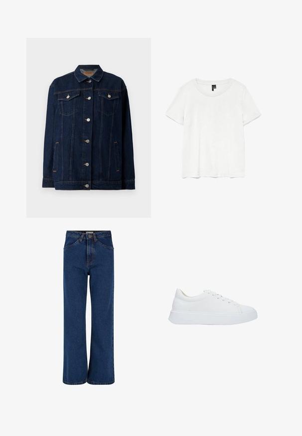 Donkerblauwe denimjas met kraag, voor sluiting met knopen, twee borstzakken, zijzakken en contrasterende stikseldetails.; Witte t-shirt met korte mouwen en een ronde hals, gemaakt van lichte stof. Eenvoudig ontwerp, gladde textuur en rechte zoom.; Wijdvallende denim jeans in donkerblauw, met een hoge taille, voorpockets en contrasterende stiksels langs de naden.; Witte leren sneakers met een ronde neus, platte veters en een dikke rubberen zool. Gladde textuur met minimale stikseldetails.
