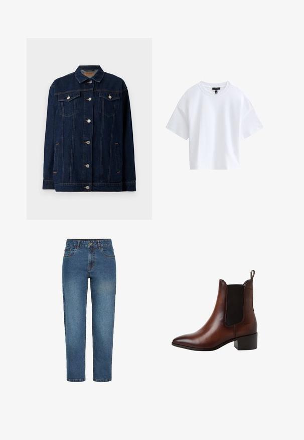 Mørkeblå denimjakke med krave, lynlås foran, to brystlommer, sidelommer og kontraststing.; Simpel hvid kortærmet crop top med rund halsudskæring og sort mærke indeni kraven.; Blå højtaljede straight-leg denim jeans med frontknap og lynlås, to forlommer og bæltestropper.; Brun læderankelstøvle med sort elastisk sidepanel, trækstrop bagpå, lav blokhæl og spids tå.