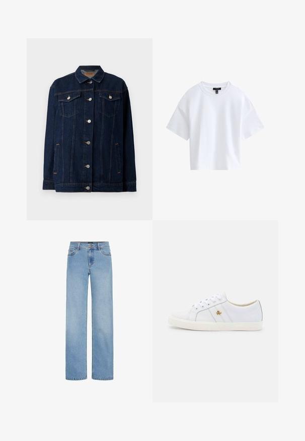 Donkerblauwe denimjas met kraag, voor sluiting met knopen, twee borstzakken, zijzakken en contrasterende stikseldetails.; Effen witte cropped T-shirt met korte mouwen, een ronde hals en een zwart merkembleem aan de binnenkant van de kraag.; Lichtblauwe, wijde jeans gemaakt van denim. Voorzien van een standaard tailleband, voorzakken en een ritssluiting met knoopsluiting.; Lauren Ralph Lauren JANSON II ACTION LEATHER SNEAKER - Sneakers laag - real white