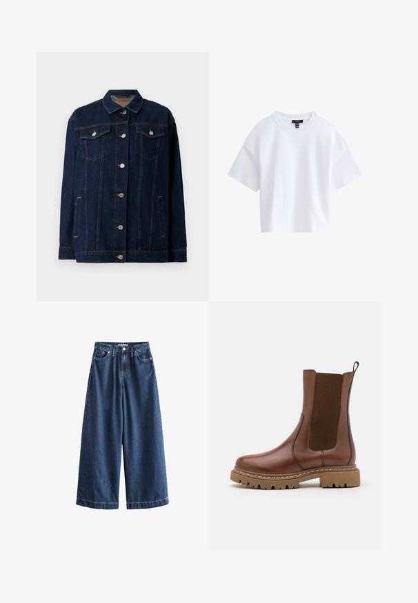 Veste en denim bleu foncé avec col, fermeture à boutons sur le devant, deux poches poitrine, poches latérales et détails de couture contrastants.; T-shirt court blanc uni à manches courtes avec un col rond et une étiquette de marque noire à l'intérieur du col.; Jeans en denim bleu foncé à jambes larges avec une taille haute, cinq poches et des détails de couture visibles. Fabriqué en coton, offrant une apparence texturée.; Bottine en cuir marron avec des panneaux élastiques et une languette de tirage. Elle possède une semelle en caoutchouc épaisse et des détails de couture visibles le long des bords.