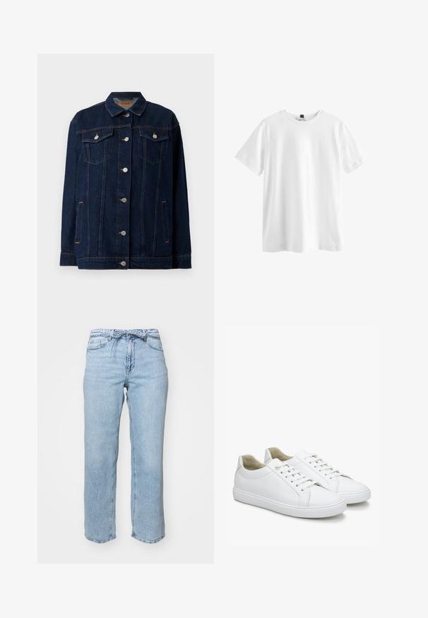 Veste en denim bleu foncé avec col, fermeture à boutons sur le devant, deux poches poitrine, poches latérales et détails de couture contrastants.; T-shirt blanc uni à manches courtes et col rond avec une étiquette noire à l’intérieur du col, présenté à plat sur un fond blanc.; Jean en denim bleu clair avec une coupe droite décontractée, cinq poches et une taille avec passants de ceinture. Fini usé avec un léger dégradé.; Baskets blanches en cuir avec une texture lisse, bout rond et semelles en caoutchouc plates. Présentent des lacets et un design minimaliste sans motifs.