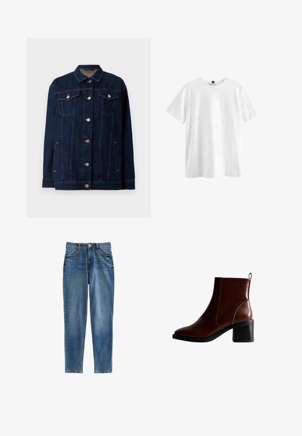 Donkerblauwe denimjas met kraag, voor sluiting met knopen, twee borstzakken, zijzakken en contrasterende stikseldetails.; Effen wit T-shirt met korte mouwen en ronde hals met een zwart label aan de binnenkant van de kraag, plat weergegeven op een witte achtergrond.; Blauwe spijkerbroek met een rechte pasvorm, met een hoge taille, vijf zakken en subtiele vervaagde plekken voor textuur. Metalen knoopsluiting.; Bruin lederen enkellaars met een vierkante neus en zijnaad, een gestapelde hak van 7,5 cm en een lus aan de achterkant voor gemakkelijk aan- en uittrekken.