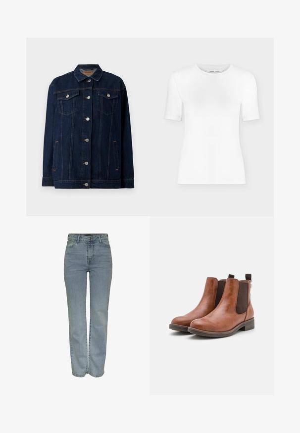 Veste en denim bleu foncé avec col, fermeture à boutons sur le devant, deux poches poitrine, poches latérales et détails de couture contrastants.; T-shirt blanc à manches courtes avec col rond, coupe slim et texture de tissu côtelé, présenté sur un fond uni gris clair.; Jean droit taille haute bleu clair avec fermeture à bouton et à zip à l'avant, cinq poches et passants de ceinture.; Bottines en cuir marron avec des panneaux élastiques sur les côtés, bout rond et petit talon en bois. Présentent une languette pour un enfilage facile.