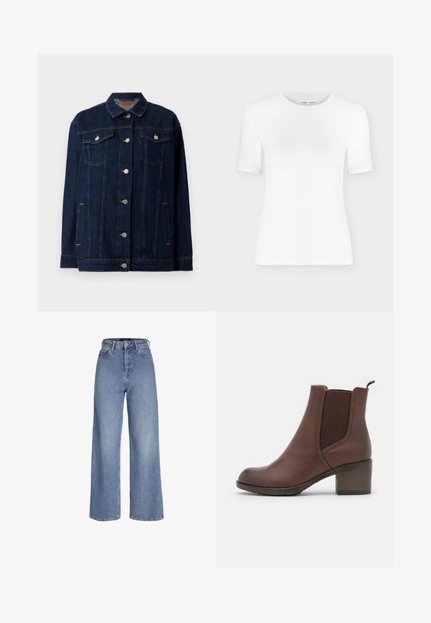 Donkerblauwe denimjas met kraag, voor sluiting met knopen, twee borstzakken, zijzakken en contrasterende stikseldetails.; Wit T-shirt met korte mouwen en een ronde hals, een slanke pasvorm en geribbelde stof, weergegeven op een effen lichtgrijze achtergrond.; Lichtblauwe denim jeans met hoge taille, brede pijpen, voor knoop- en ritssluiting en een ontwerp met vijf zakken.; Bruine leren enkellaars met een gladde afwerking, elastische zijpanelen, een ronde neus en een gematigde houten hak.