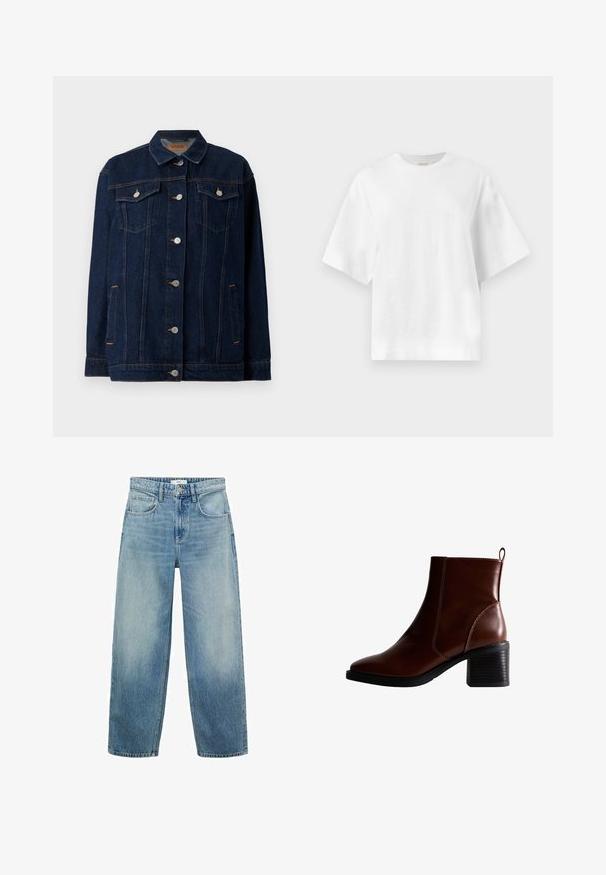 Mørkeblå denimjakke med krave, lynlås foran, to brystlommer, sidelommer og kontraststing.; Plain hvid oversized T-shirt med korte ærmer og rund halsudskæring, vist fladt mod en lys grå baggrund.; Lys blå denim bredbenede jeans med høj talje, fem lommer og knaplukning. Fadede mønster mod bunden.; Brun læder ankelstøvle med firkantet tå og sidesøm, en 7,5 cm stablet hæl og en trækflap bagpå for nem påtagning.