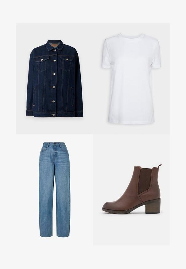 Mørkeblå denimjakke med krave, lynlås foran, to brystlommer, sidelommer og kontraststing.; Simpel hvid T-shirt med korte ærmer og rund hals, normal pasform og et lille indvendigt mærke på nakken med teksten "SELECTED FEMME."; Lyseblå denimjeans med lige ben-design, der har en knaplukning, fem lommer og subtilt slid i stoffet.; Brun læder ankelstøvle med en glat finish, elastiske sidepaneler, en rund tå og en moderat træhæl.