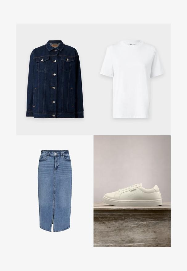 Donkerblauwe denimjas met kraag, voor sluiting met knopen, twee borstzakken, zijzakken en contrasterende stikseldetails.; Witte katoenen T-shirt met ronde hals, korte mouwen en een gladde textuur. Ontworpen met een comfortabele en veelzijdige relaxte pasvorm.; Lichtblauwe denim midi rok met een voorflap, vijf zakken, riemlussen en een knoopsluiting in de taille. Klassieke pasvorm en textuur.; Witte leren sneaker met veters die boven een houten bank zweeft, met groen lang gras dat op de achtergrond vervaagd is in de buitenlucht.