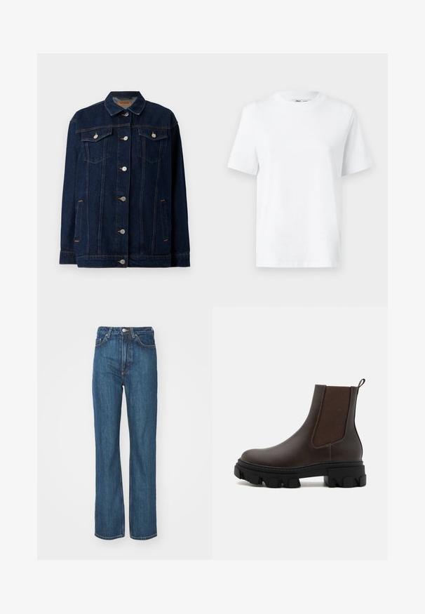 Veste en denim bleu foncé avec col, fermeture à boutons sur le devant, deux poches poitrine, poches latérales et détails de couture contrastants.; T-shirt en coton blanc à col rond, avec des manches courtes et une texture lisse. Conçu avec une coupe décontractée pour plus de confort et de polyvalence.; Jean en denim bleu avec une coupe droite, doté d'une fermeture par bouton, de passants pour ceinture et de plusieurs détails de poches. Texture subtile.; Bottines Chelsea en cuir marron avec des panneaux latéraux élastiques, des accents en tissu texturé, une épaisse semelle en caoutchouc noir et une languette à l'arrière.