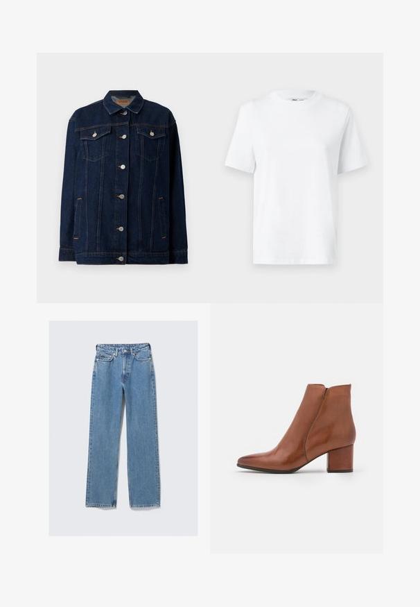 Veste en denim bleu foncé avec col, fermeture à boutons sur le devant, deux poches poitrine, poches latérales et détails de couture contrastants.; T-shirt en coton blanc à col rond, avec des manches courtes et une texture lisse. Conçu avec une coupe décontractée pour plus de confort et de polyvalence.; Jean en denim bleu à taille haute, coupe droite, avec bouton avant, fermeture éclair, passants pour ceinture et design à cinq poches sur un fond clair uni.; Bottillon en cuir marron avec un orteil pointu, un talon moyen et un minimum de coutures. Texture lisse avec une finition polie.