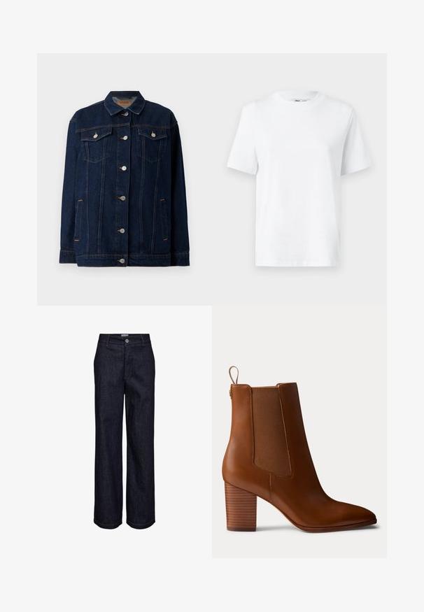 Mørkeblå denimjakke med krave, lynlås foran, to brystlommer, sidelommer og kontraststing.; Hvid bomulds T-shirt med rund hals, kortærmet og en glat tekstur. Designet med en afslappet pasform for komfort og alsidighed.; Mørkeblå denimjeans med lige ben, knap- og lynlåslukning, bæltestropper og synlige syningsdetaljer.; Brun læderstøvle med blokhæl, elastiske sidepaneler og trækstrop på bagsiden, vist i profil på en ensfarvet baggrund.