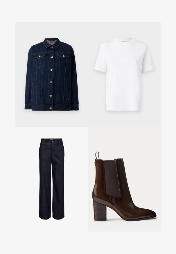 Donkerblauwe denimjas met kraag, voor sluiting met knopen, twee borstzakken, zijzakken en contrasterende stikseldetails.; Witte katoenen T-shirt met ronde hals, korte mouwen en een gladde textuur. Ontworpen met een comfortabele en veelzijdige relaxte pasvorm.; Donkerblauwe rechte spijkerbroek met knoop- en ritssluiting, riemlussen en zichtbare stiksel details.; Donkerbruine leren enkellaars met blokhak en elastisch zijpaneel, voorzien van een trekhangsel aan de achterkant voor gemakkelijk aan- en uittrekken.