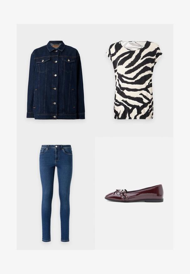 Donkerblauwe denimjas met kraag, voor sluiting met knopen, twee borstzakken, zijzakken en contrasterende stikseldetails.; Korte mouw top in een soepele stof met een zwart en crèmekleurig zebrapatroon, met een ronde halslijn en een ontspannen pasvorm.; Skinny denim jeans in donkerblauw. Beschikt over een klassieke vijf-pocketstijl, metalen knoopsluiting en subtiele stiksels langs de naden.; Bordeaux lakleren ballerina met een spitse neus, decoratieve strik en dubbele bandjes met zilverkleurige accenten. Platte zool.