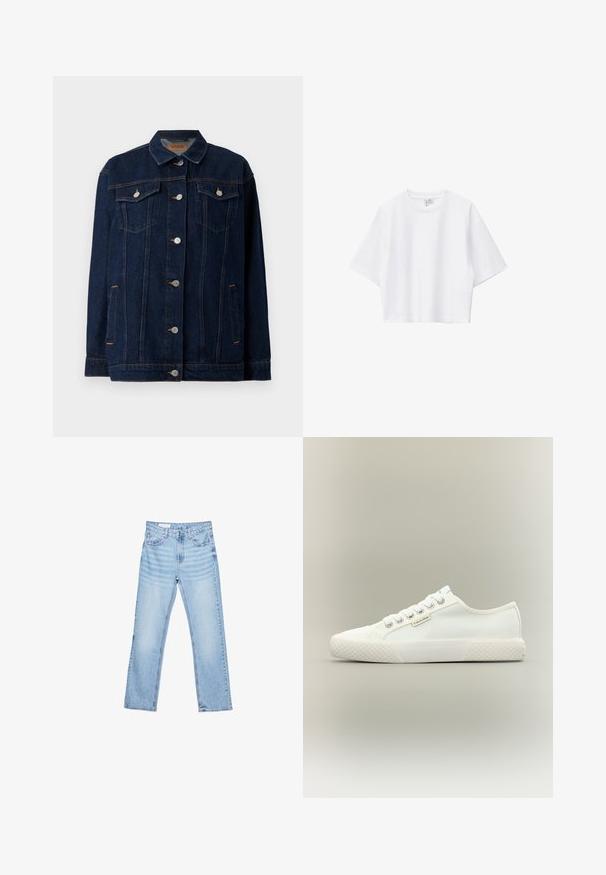 Mørkeblå denimjakke med krave, lynlås foran, to brystlommer, sidelommer og kontraststing.; Hvid cropped t-shirt lavet af blød bomuld med rund hals, korte ærmer og løs pasform. Simpelt og alsidigt design.; Lyseblå denimjeans med lige pasform, fem-lomme-design og synlig syning. Mellem-høj talje med klassisk knap- og lynlåslukning.; Hvid lavtopet lærreds-sneaker med tekstureret gummisål, hvide snørebånd og lille Calvin Klein-mærke på siden.