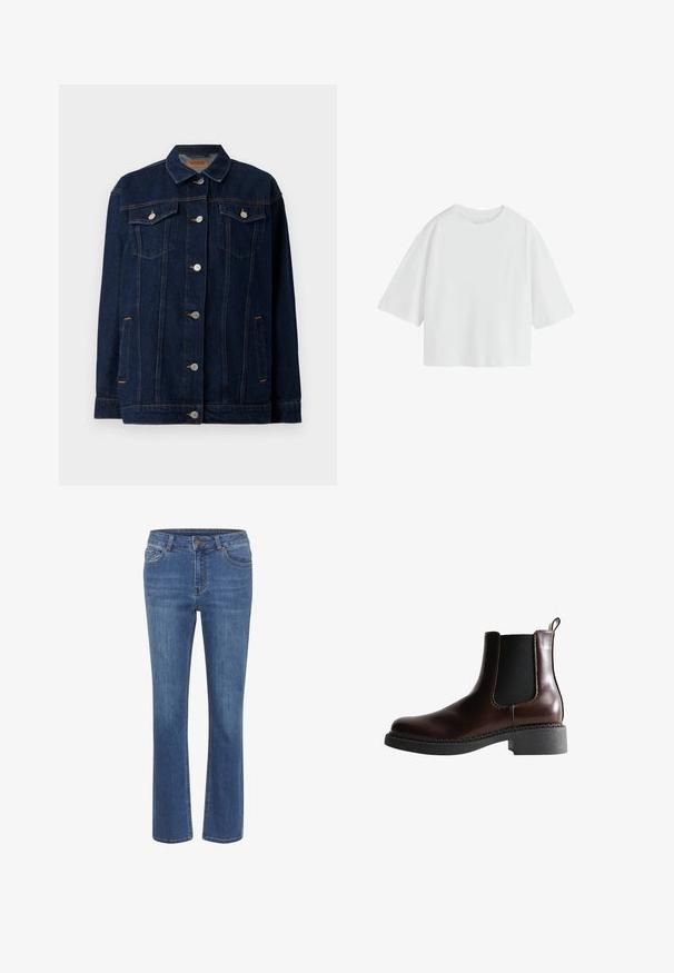 Mørkeblå denimjakke med krave, lynlås foran, to brystlommer, sidelommer og kontraststing.; Simpel hvid oversized T-shirt med korte ærmer, rund hals og løs pasform.; Blå denimjeans med lige ben, tætsiddende talje, bæltesløjfer, fem lommer og en lille brun knap i taljen.; Brune læder ankelstøvle med elastiske sidepaneler, rund tå og en struktureret sort gummisål. Har kontrasterende syninger og en trækflap.
