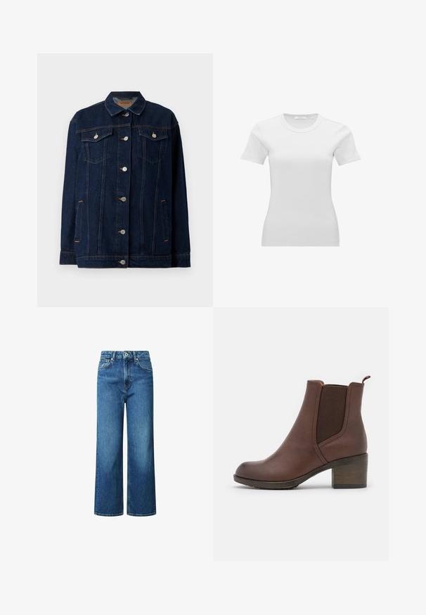 Donkerblauwe denimjas met kraag, voor sluiting met knopen, twee borstzakken, zijzakken en contrasterende stikseldetails.; Witte nauwsluitende dames T-shirt met korte mouwen, geribbeld en met een ronde hals en een klein maatlabel aan de binnenzijde van de kraag.; Wide-leg jeans van blauwe denim, met een hoge taille, knoopsluiting aan de voorkant en gestikte details. Geen patronen of versieringen.; Bruine leren enkellaars met een gladde afwerking, elastische zijpanelen, een ronde neus en een gematigde houten hak.