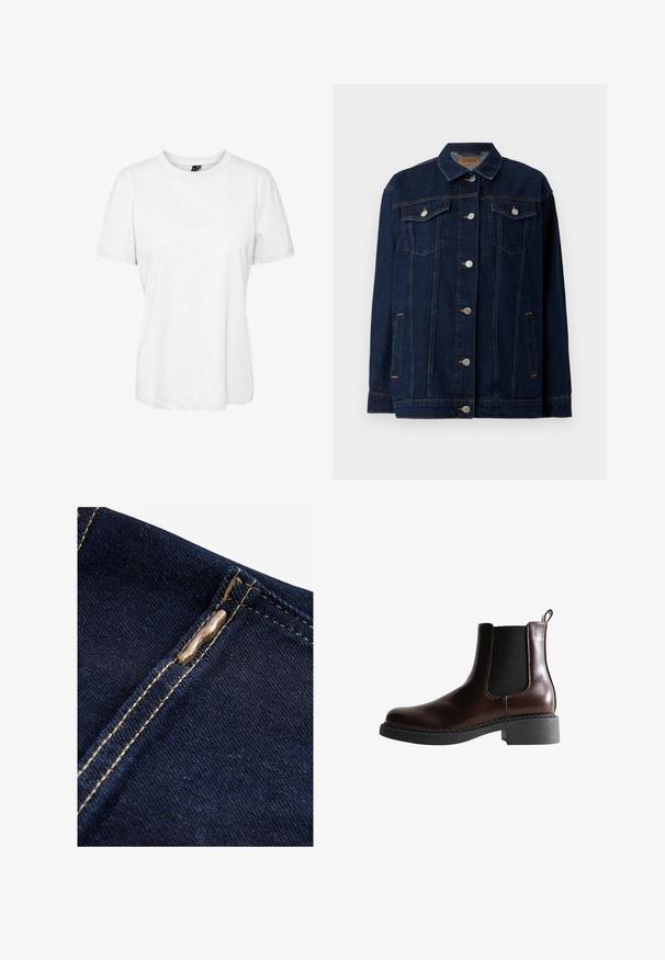 Mørkeblå denimjakke med krave, lynlås foran, to brystlommer, sidelommer og kontraststing.; Hvid kortærmet t-shirt lavet af bomuld med rund halsudskæring og afslappet pasform. Glat tekstur og ingen synlige mønstre eller dekorationer.; Next REGULAR FIT - WIDE LEG - Flared jeans - rinse blue; Brune læder ankelstøvle med elastiske sidepaneler, rund tå og en struktureret sort gummisål. Har kontrasterende syninger og en trækflap.