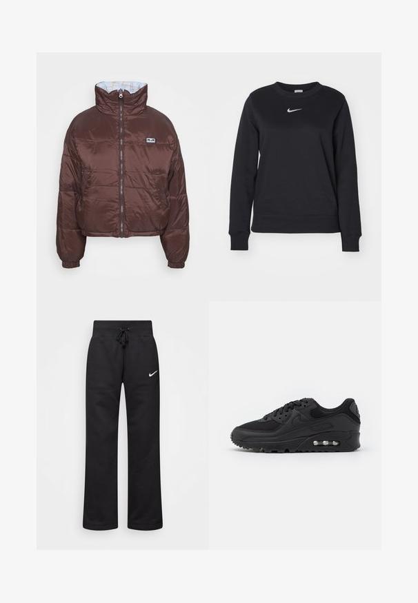 Braune Pufferjacke mit cropped Design, hohem Kragen, Reißverschluss vorne und elastischen Bündchen. Die Innenseite verfügt über ein hellblaues Futter mit geometrischem Muster.; Schwarzes Sweatshirt aus Baumwollmischung mit gerippten Bündchen und Saum, rundem Ausschnitt und silbernem Nike-Logo auf der Brust.; Schwarze Sweatpants aus einem Baumwollmix, mit einem Kordelzugbund, geraden Beinen und einem weißen Nike-Logo auf der linken Seite.; Schwarze sportliche Sneaker mit einem oberen Teil aus glattem Leder und Mesh, runder Zehenpartie, strukturierten Akzenten und einer sichtbaren Luftpolsterung in der Sohle.