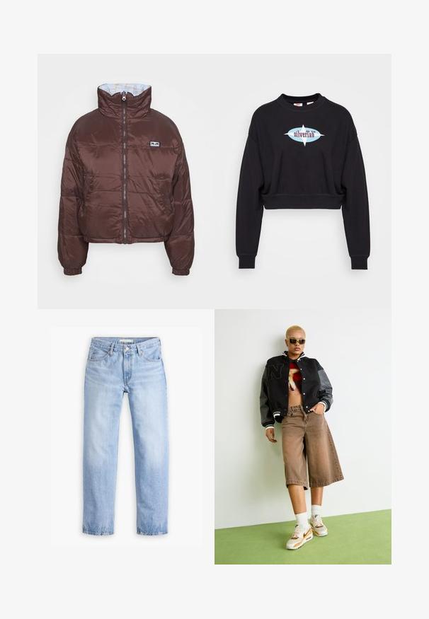 Brun pufferjakke med en cropped design, høj krave, lynlås foran og elastiske manchetter. Indvendigt har jakken en lyseblå foring med et geometrisk mønster.; Sort cropped sweatshirt lavet af bomuld, med et grafisk logo i blå og burgundy. Lange ærmer med ribbede manchetter og rund halsudskæring.; Lyseblå denimjeans med en lige ben-design, fem lommer og en mellemhøj talje. Har en falmet struktur og håndsyet kant.; Person med kort blondt hår iført solbriller, sort varsity-jakke, grafisk crop top, brune vide shorts og hvide Nike sneakers, stående på grønt gulv.