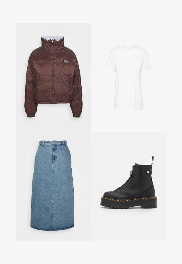 Braune Pufferjacke mit cropped Design, hohem Kragen, Reißverschluss vorne und elastischen Bündchen. Die Innenseite verfügt über ein hellblaues Futter mit geometrischem Muster.; Weißes Baumwoll-T-Shirt mit kurzen Ärmeln, Rundhalsausschnitt und legerem Schnitt, mit glatter Textur und ohne sichtbare Muster.; Obey Clothing JUNIPER MIDI SKIRT - A-Linien-Rock - stonewash indigo; Schwarze Knöchelboots aus glattem Leder, ausgestattet mit einem seitlichen Reißverschluss, gelben Nähten und einer dicken, geriffelten Gummisohle.