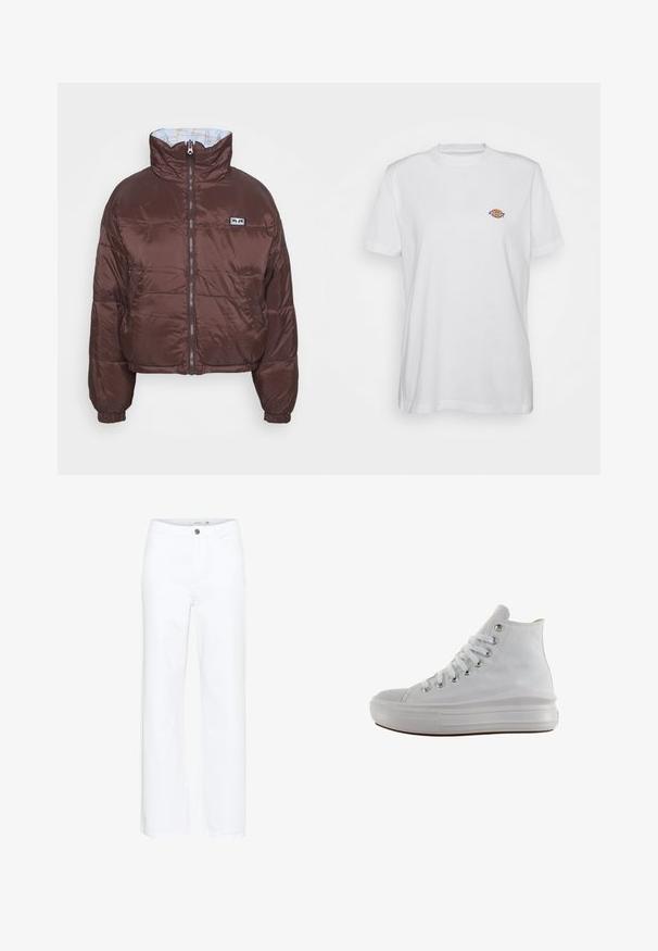 Hnedá nafúknutá bunda s cropped dizajnom, vysokým golierom, zipsom vpredu a elastickými manžetami. Interiér má svetlomodré podšívku s geometrickým vzorom.; Biele bavlnené tričko s okrúhlym výstrihom a krátkymi rukávmi, s malým, farebným vyšitým logom "Diesel" na hrudi.; Biele nohavice s širšími nohavicami vyrobené z denimu. Majú zapínanie na gombík a tradičný dizajn s piatimi vreckami. Hladký povrch s čistým zakončením.; Biele vysoké plátenné tenisky s bielymi šnúrkami, kovovými očkami, hrubou gumovou podrážkou a textúrovanou špičkou, mieriac doľava na bielom pozadí.