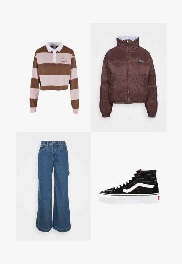 Hnedá nafúknutá bunda s cropped dizajnom, vysokým golierom, zipsom vpredu a elastickými manžetami. Interiér má svetlomodré podšívku s geometrickým vzorom.; Hnedo-rúžový pruhovaný polo tričko s dlhým rukávom a bielym golierom, s logo nášivkou a skráteným strihom. Mäkký bavlnený materiál.; Džínsy s širokými nohavicami v strednom modrom odtieni, s vysokým pásom, prednými vreckami a surovým lemom na členkoch pre ležérny, uvoľnený strih.; Čierne vysoké tenisky s bielymi šnúrkami, bielym logom a kontrastným bielym prešívaním. Majú hrubú bielu podrážku a textúrovaný semišový zvršok.