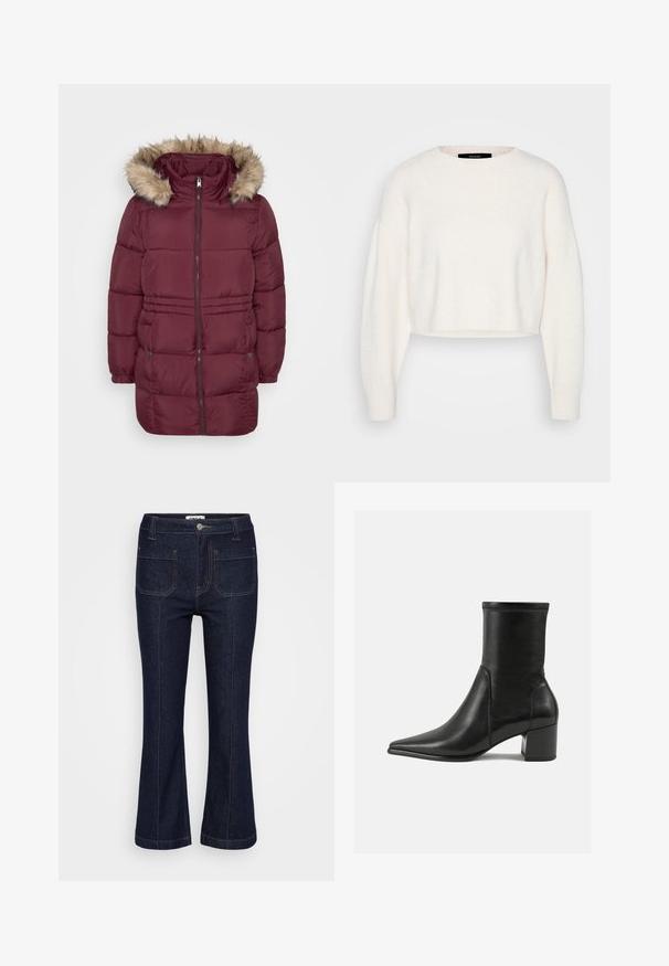 Bordeauxrood gewatteerde winterjas met rits aan de voorkant, elastische manchetten, twee drukknoopzakken en een kap afgewerkt met lichtbruine nepbont.; Witte cropped sweater gemaakt van zacht materiaal, met een ronde halslijn en lange, licht oversized mouwen met ribgebreide manchetten.; Donkerblauwe denim jeans met voorzakken, contrasterende stiksels, riemlussen, knoopsluiting en licht uitlopende pijpen.; Zwarte enkelboot van soepel leer, met een spitse neus, een blokhak en duidelijke verhoogde stiksels aan de bovenrand.