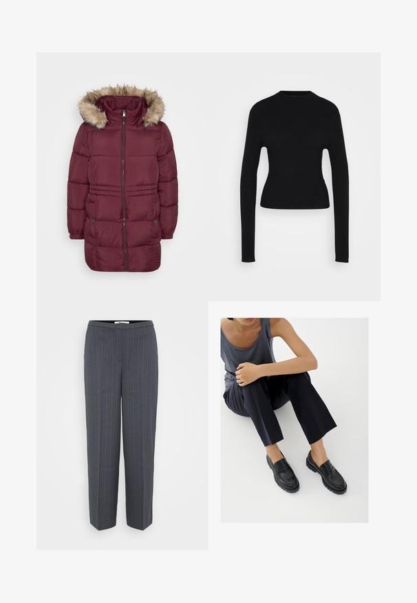 Abrigo de invierno acolchado en color burdeos con cremallera frontal, puños elásticos, dos bolsillos con presión y capucha adornada con pelo sintético de color marrón claro.; Suéter de punto acanalado negro ajustado de manga larga con un cuello redondo alto y un dobladillo ligeramente cropped sobre fondo blanco.; Pantalones de sastre a rayas gris oscuro con piernas rectas y cintura alta, presentados sobre un fondo claro y liso.; Mocasines de cuero negro con detalles texturizados, tacón bajo, puntera redonda y costuras visibles. Modelo vistiendo pantalones oscuros y una blusa gris.