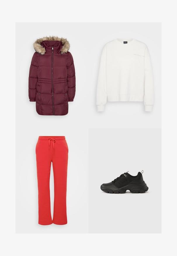 Bordeaux-padded talvikuule, millel on ees tõmblukk, elastsed mansetid, kaks nööbiga taskut ja kapi.ee kätised, mis on kaetud heledast pruunist sünteetilisest karvast.; Valkoinen collegepaita, puuvillasekoitetta, pyöreä kaula-aukko, ylisuurikokoinen, resoridetailit hihoissa ja helmassa, edessä vaalealla värillä hillitty kirjailu.; Punaiset collegehousut, jotka on valmistettu pehmeästä puuvillasta. Niissä on joustava vyötärö, jossa on naru, ja suoralahkeinen muotoilu. Sileä rakenne.; Musta paksupohjainen lenkkari, jossa paksu, kuvioitu pohja, nauhoitus edessä, pehmustettu kaulus ja kantalenkki, valkoisella taustalla.