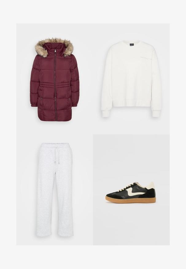 Abrigo de invierno acolchado en color burdeos con cremallera frontal, puños elásticos, dos bolsillos con presión y capucha adornada con pelo sintético de color marrón claro.; Sudadera blanca, mezcla de algodón, cuello redondo, ajuste holgado, puños y dobladillo acanalados, con un bordado sutil en un color claro en el pecho.; Pantalones de chándal de algodón gris claro con cintura elástica y cordón, corte de pierna recta, sin logotipos ni patrones visibles.; Zapatillas de deporte de ante y cuero negro con un swoosh lateral en crema y un talón en crema claro. Presenta cordones beige y una suela de goma marrón.