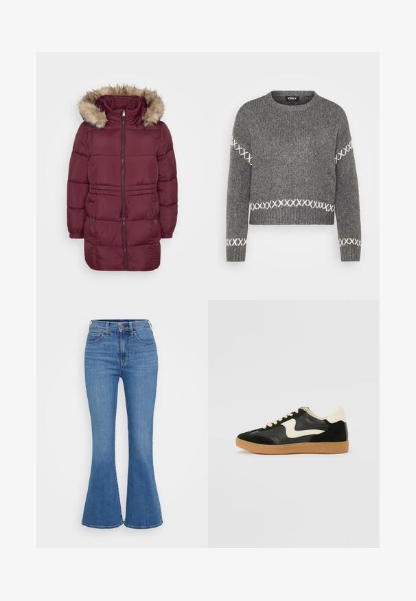 Abrigo de invierno acolchado en color burdeos con cremallera frontal, puños elásticos, dos bolsillos con presión y capucha adornada con pelo sintético de color marrón claro.; Jersey gris de punto con cuello redondo, que presenta acentos en punto de cruz blancos en las mangas y el dobladillo. Textura suave, diseño recortado.; Jeans de campana en azul claro con cintura alta, hechos de mezclilla. Las características incluyen dos bolsillos frontales y un cierre de botón en la cintura.; Zapatillas de deporte de ante y cuero negro con un swoosh lateral en crema y un talón en crema claro. Presenta cordones beige y una suela de goma marrón.