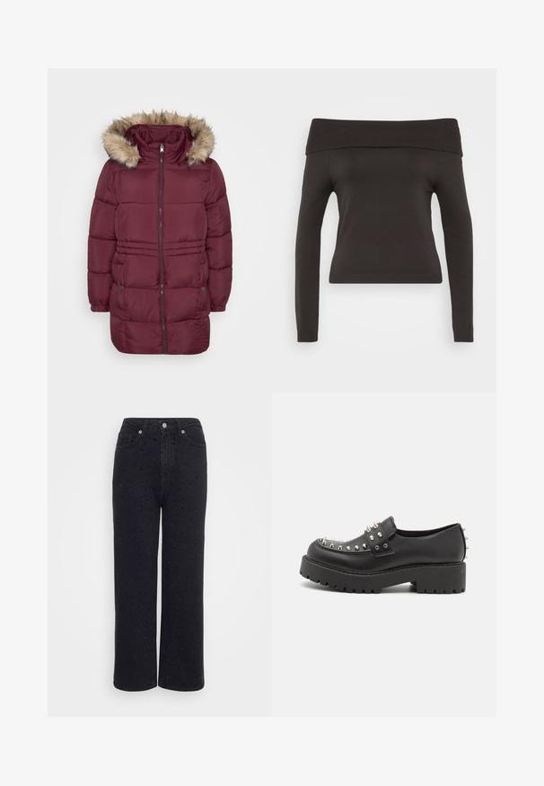 Bordeaux polstret vinterjakke med frontlynlås, elastiske manchetter, to trykknaplommer og hætte kantet med lyst brunt kunstpels.; Sort off-the-shoulder sweater med lange ærmer. Lavet af strækbart stof, med ribbet halsudskæring og en tætsiddende pasform.; Sorte denim vidde bukser med høj talje, der har dekorative nitte detaljer overalt og en glat tekstur.; Monki Loafers - black dark