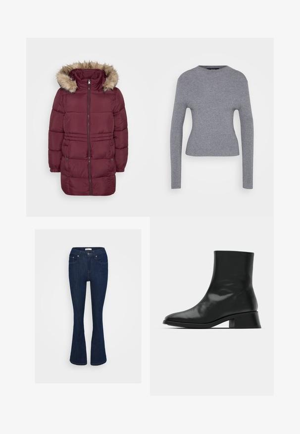 Manteau d'hiver matelassé bordeaux avec fermeture éclair sur le devant, poignets élastiques, deux poches à pression et capuche bordée de fausse fourrure brun clair.; Pull à manches longues gris côtelé avec un col rond et une silhouette ajustée, présenté sur un fond blanc uni.; Jean flare en denim bleu foncé avec un design classique à cinq poches, fermeture à bouton métallique et accents de couture sur les poches.; Bottine noire en cuir brillant, au design épuré, avec un bout pointu et un petit talon bloc pour plus de stabilité.