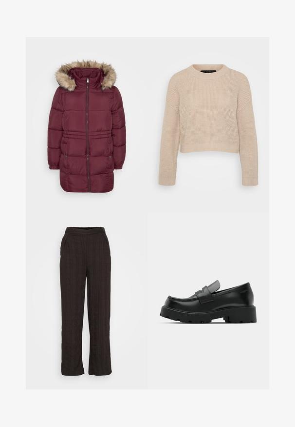 Manteau d'hiver matelassé bordeaux avec fermeture éclair sur le devant, poignets élastiques, deux poches à pression et capuche bordée de fausse fourrure brun clair.; Pull en tricot beige avec un col rond, design à épaules tombantes et bords côtelés. Tissu texturé et longueur raccourcie.; Pantalons larges noirs en tissu texturé avec un design plissé. Dotés d'une ceinture élastique et de poches latérales.; Mocassins en cuir noir avec une semelle épaisse et texturée, dotés d'une sangle sur le vamp et d'une finition lisse et polie.