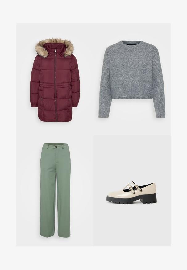 Abrigo de invierno acolchado en color burdeos con cremallera frontal, puños elásticos, dos bolsillos con presión y capucha adornada con pelo sintético de color marrón claro.; Suéter gris, corto, de punto texturizado, con un cuello redondo y mangas largas. El material parece suave y cálido.; Pantalones de pierna ancha en una tela verde claro con una textura suave. Presenta un cierre de botón en la parte delantera y dos bolsillos laterales.; Zapatos Mary Jane de charol beige con punta redonda, doble correa con hebillas y suela gruesa de goma negra.