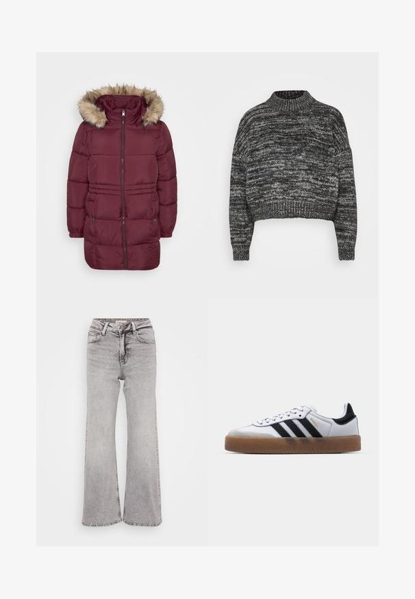 Bordeauxrood gewatteerde winterjas met rits aan de voorkant, elastische manchetten, twee drukknoopzakken en een kap afgewerkt met lichtbruine nepbont.; Vero Moda Petite VMDAIMA - Trui - black/birch/silver; Grijze wijde spijkerbroek van denim, met een klassiek vijf-pocket ontwerp, knoopsluiting en subtiele vervaging voor textuur.; Witte leren sneakers met zwarte strepen, gumrubberen buitenzool, ronde neus, vetersluiting en een zachte grijze suède neuskap.