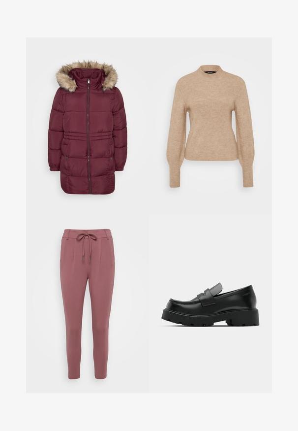 Bordeaux polstret vinterjakke med frontlynlås, elastiske manchetter, to trykknaplommer og hætte kantet med lyst brunt kunstpels.; Beige ribbet sweater med høj krave og lange ærmer, der har en blød tekstur og tætsiddende pasform. Stoffet ser let og varmt ud.; Rosa farvede bukser med en snøre i taljen, indsnævrede ben og frontfolder. Lavet af et blødt, strækbart materiale.; Sorte læder loafers med en chunky tekstureret sål, der har en rem over vamps og en glat, poleret finish.