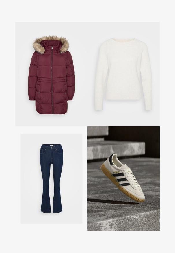 Abrigo de invierno acolchado en color burdeos con cremallera frontal, puños elásticos, dos bolsillos con presión y capucha adornada con pelo sintético de color marrón claro.; Suéter blanco de punto con mangas largas, escote redondo y bajo acanalado. Textura suave con una apariencia ligeramente difusa. Sin patrones visibles.; Pantalones vaqueros acampanados de mezclilla azul oscura con un diseño clásico de cinco bolsillos, cierre de botón metálico y detalles de costura en los bolsillos.; Zapatilla blanca Adidas Spezial con rayas negras y suela de goma flotando sobre escalones de piedra grises al aire libre.